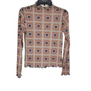 Ginger G Y2K disco sheer multicolor geometric print long sleeve top M